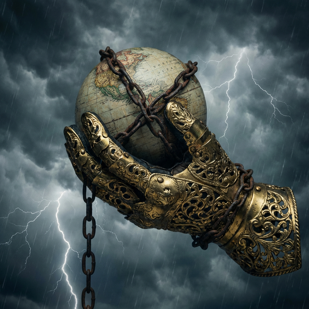 Ornate golden gauntlet holding a chained world globe against a stormy sky.