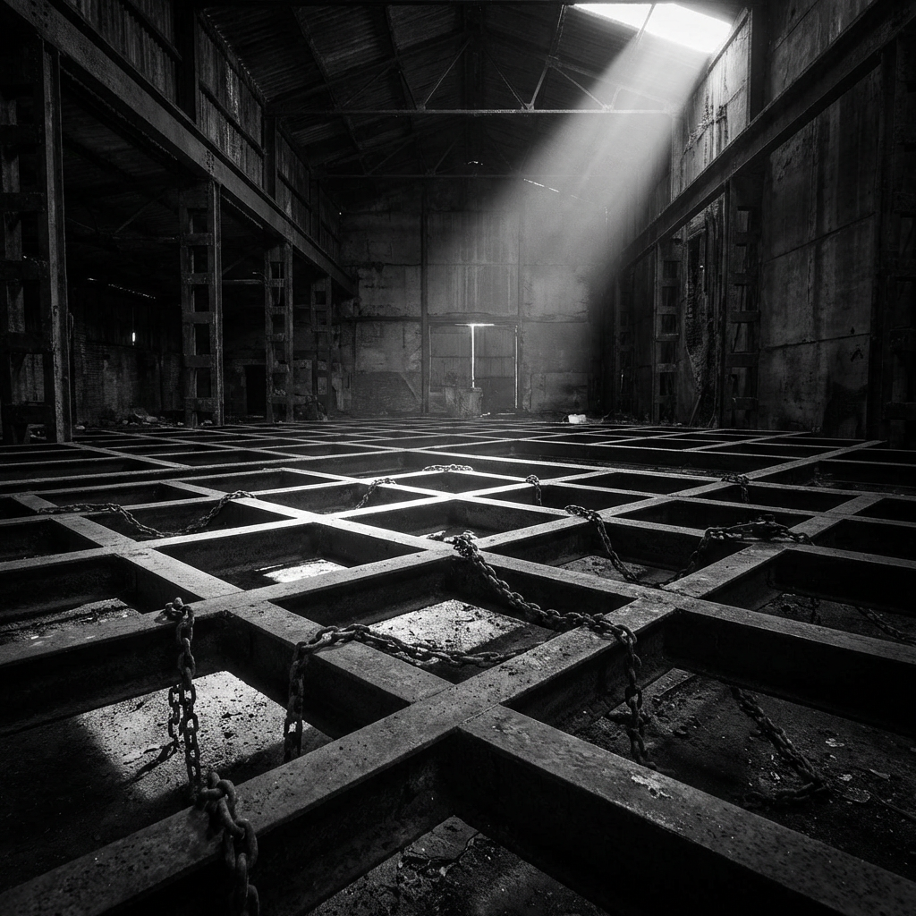 Sunlight streaming onto a metal grid floor inside a large, dark abandoned warehouse.