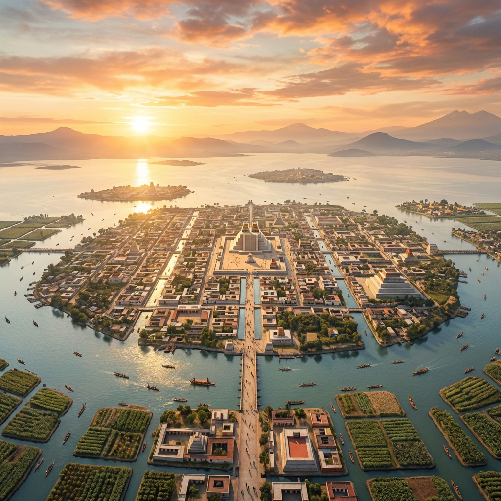 Aerial view of ancient Tenochtitlan featuring central pyramids, canals, and chinampas at sunset.