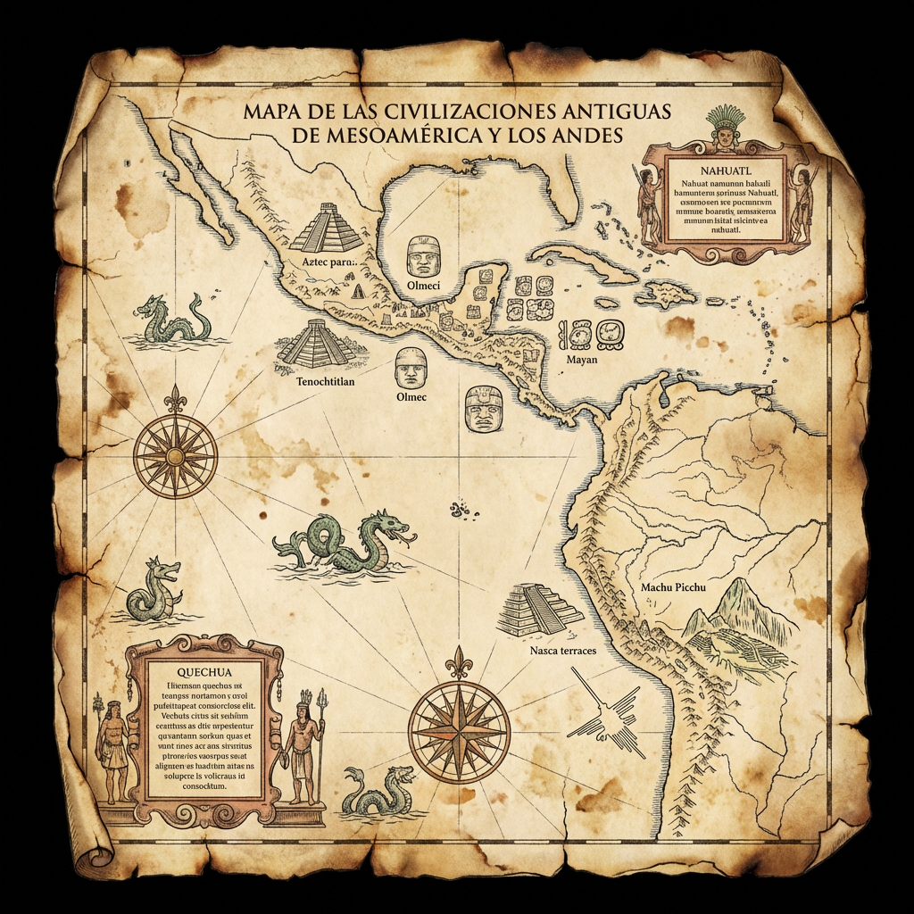 Ancient civilizations map titled MAPA DE LAS CIVILIZACIONES ANTIGUAS DE MESOAMÉRICA Y LOS ANDES.