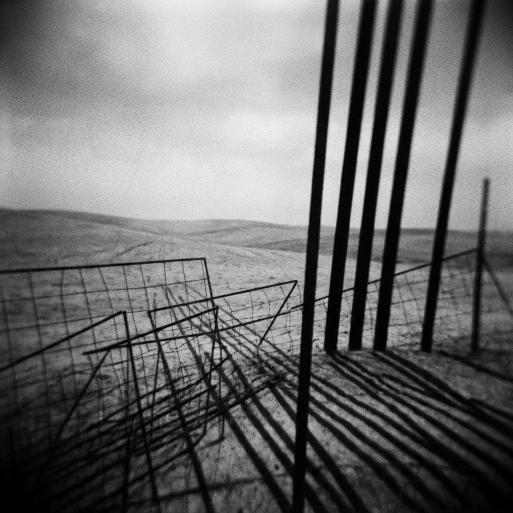 Broken wire fencing and tall metal bars casting shadows over a desolate, rolling field.