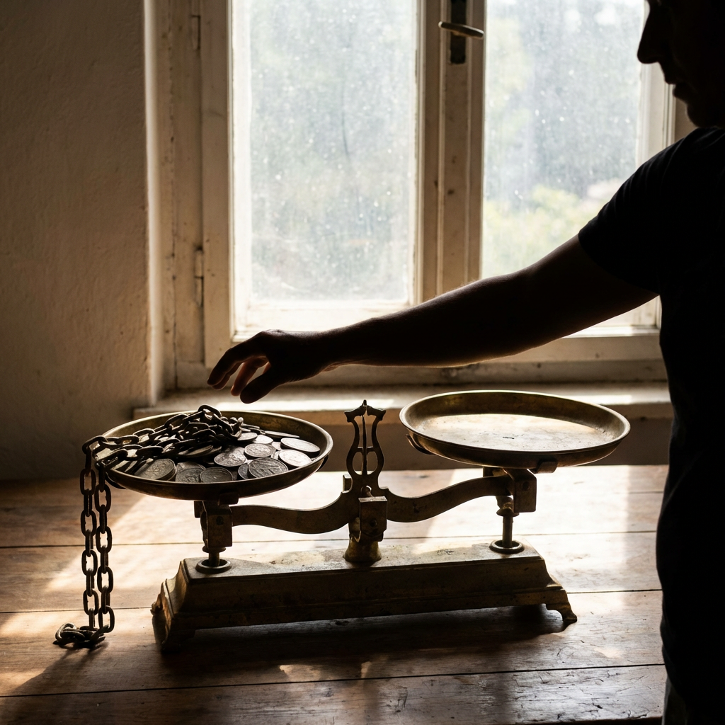 Silhouette of a hand reaching for coins on an antique balance scale.