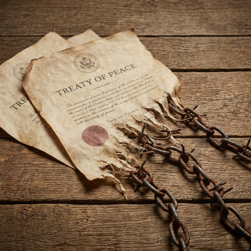 Parchment labeled 'TREATY OF PEACE' torn at the edges and attached to rusted iron chains.