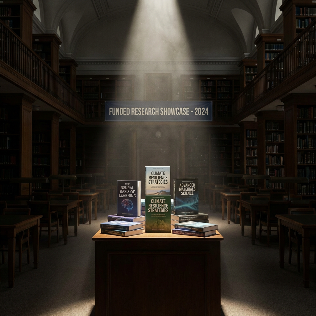 Banner for FUNDED RESEARCH SHOWCASE - 2024 above academic books including THE NEURAL BASIS OF LEARNING and CLIMATE RESILIENCE STRATEGIES.