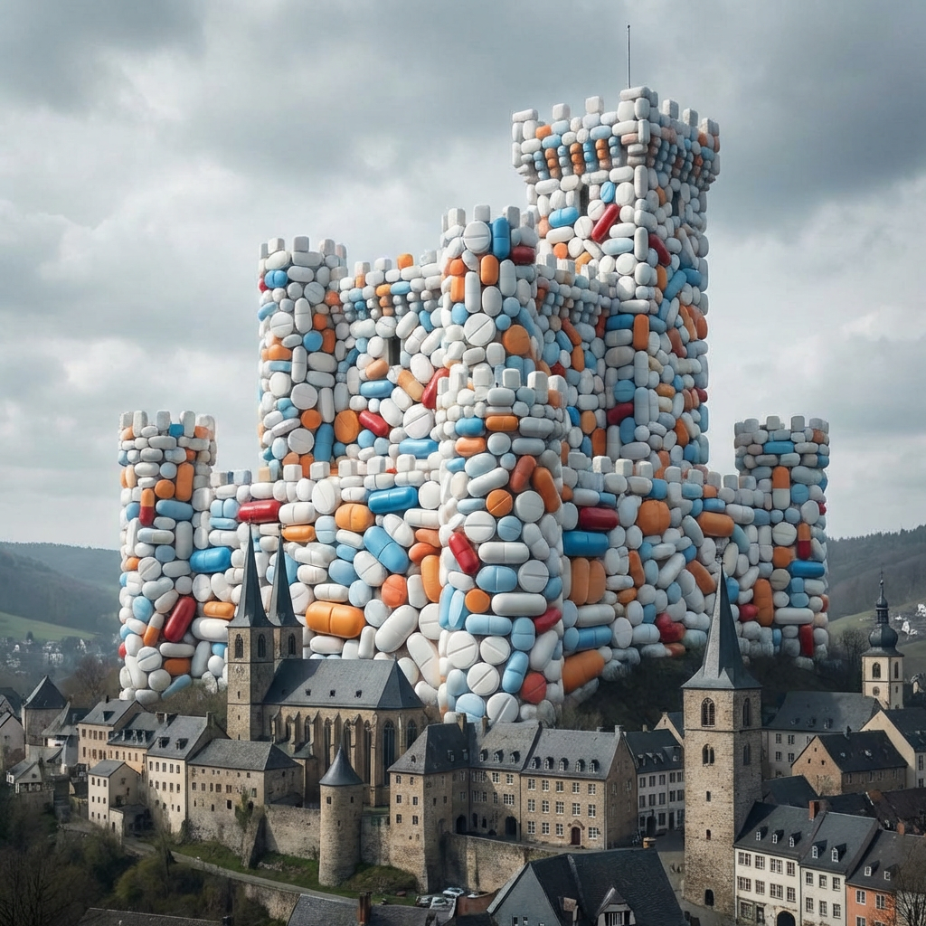 Surreal castle constructed from giant capsules and tablets situated above a stone village.