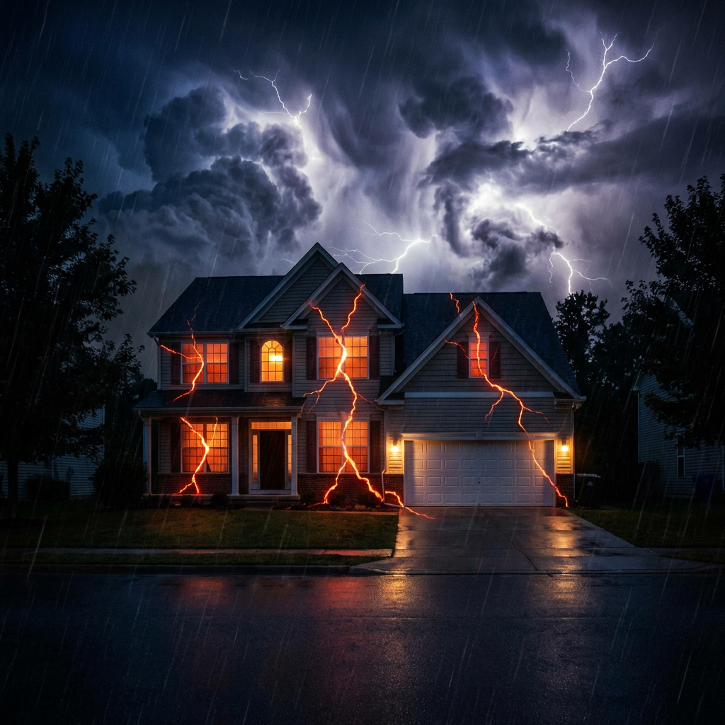 Glowing orange lightning strikes a two-story house during a heavy thunderstorm at night.
