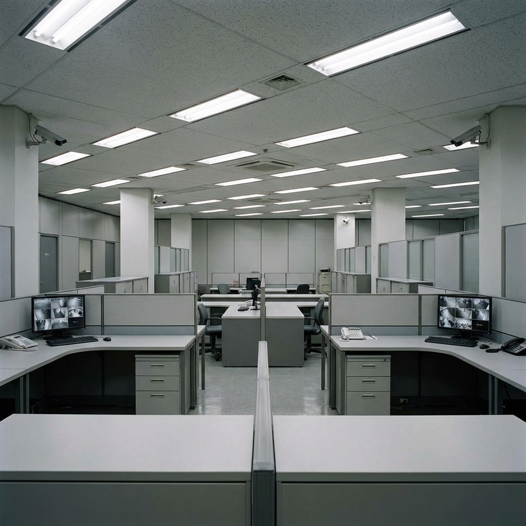 Empty gray office cubicles with computer monitors displaying live security camera feeds.