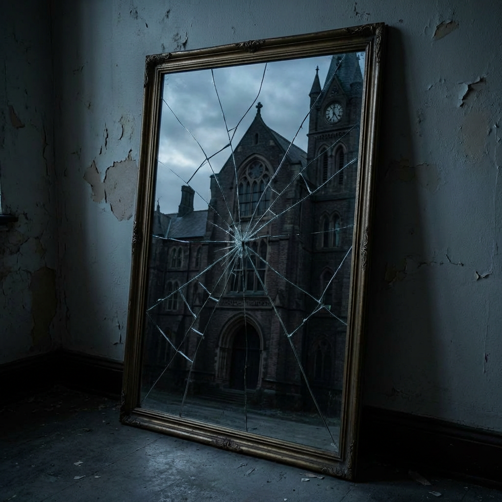 Shattered ornate mirror reflecting a gothic building inside an abandoned room with peeling paint.