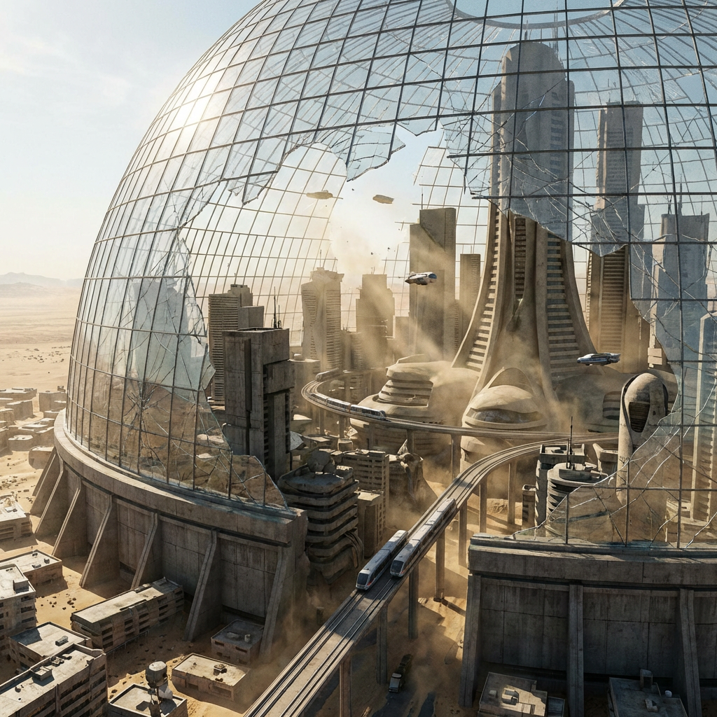 Futuristic city inside a giant broken glass dome in a desert landscape.