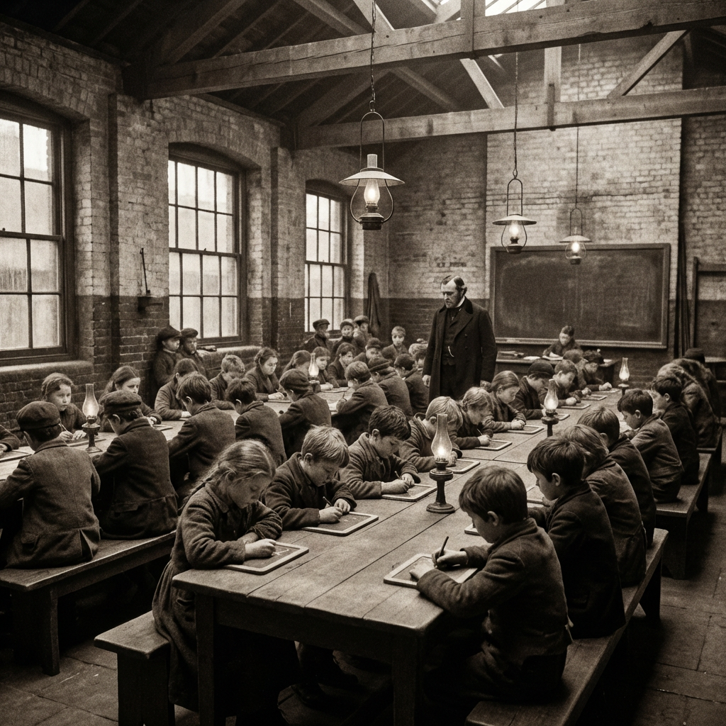 Victorian classroom with children writing on slates at long tables under oil lamps.