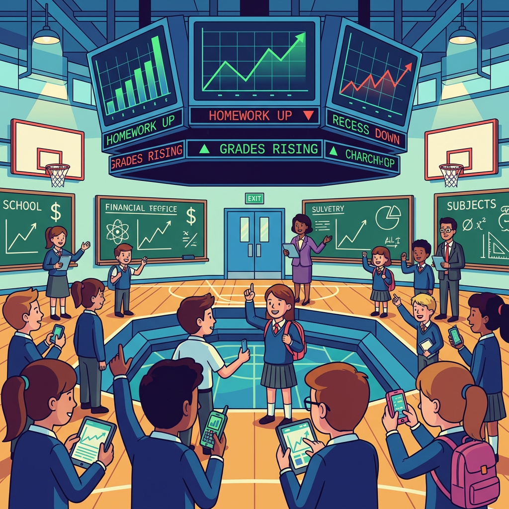 Gym with tickers HOMEWORK UP, GRADES RISING, RECESS DOWN, and school subject chalkboards.