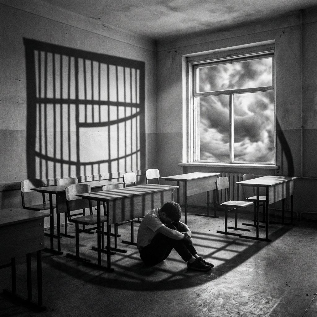 A boy sits dejected in a classroom while a prison-bar shadow looms over him.