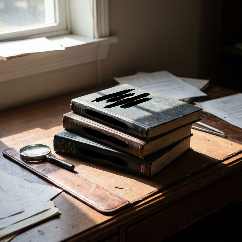 Three old hardcover books stacked on a desk next to a magnifying glass.