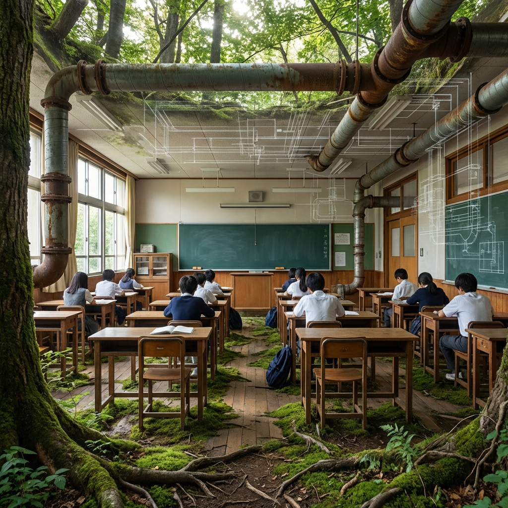 Students in a classroom overtaken by moss, tree roots, and large industrial pipes.