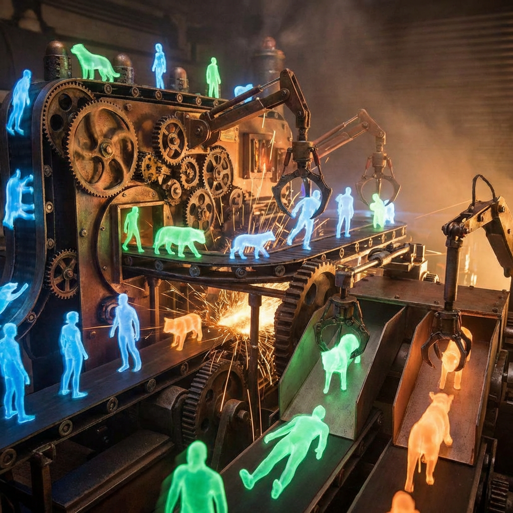 Steampunk assembly line with glowing neon human and animal figures moving through heavy bronze machinery.