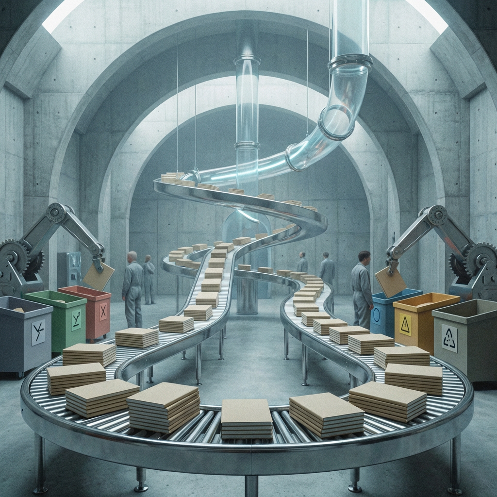 Robotic arms sort tan packages into colored bins in a large, arched concrete facility.