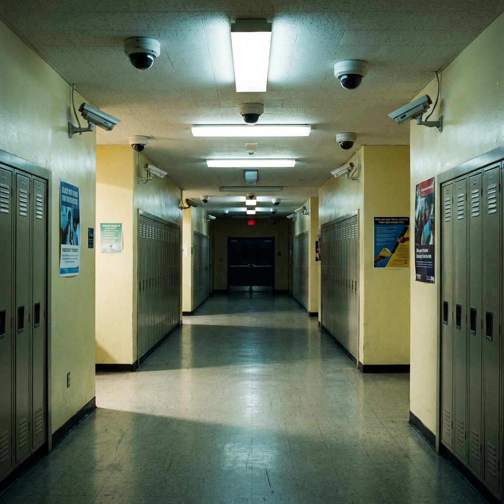 Empty school hallway lined with lockers and many security cameras on the ceiling and walls.