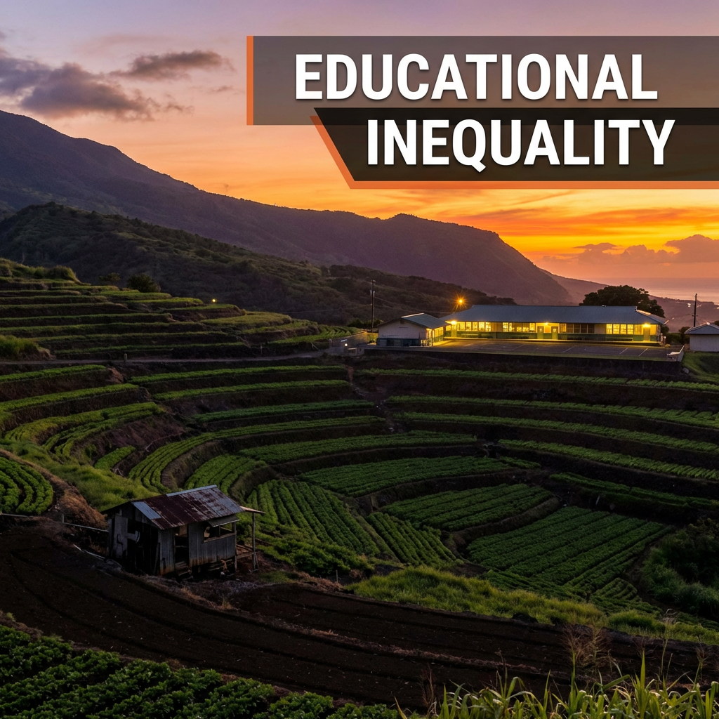 Rural landscape with terraced fields and school building, overlaid with text EDUCATIONAL INEQUALITY.