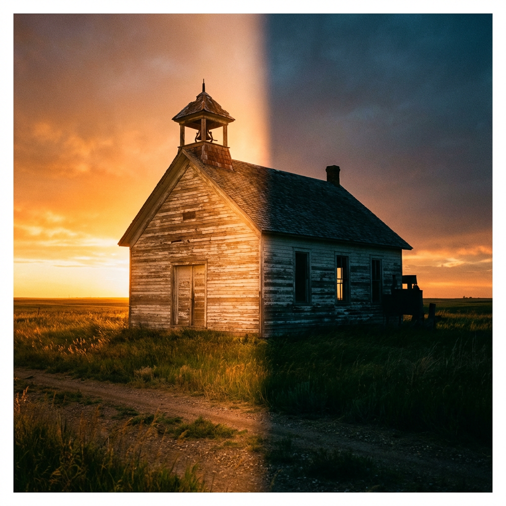 A weathered wooden schoolhouse split visually between a golden sunset and dark nighttime shadows.