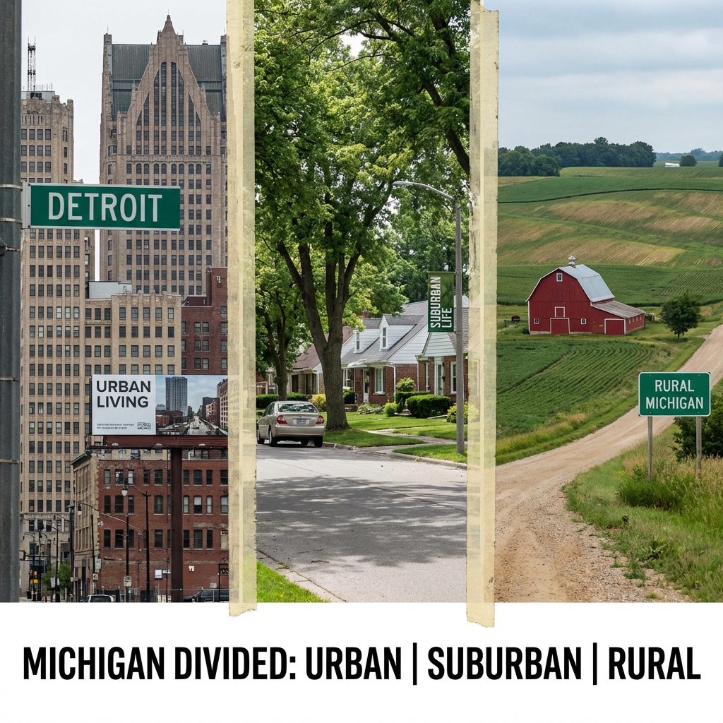 Composite titled "MICHIGAN DIVIDED: URBAN | SUBURBAN | RURAL" showing Detroit, suburbs, and farmland.
