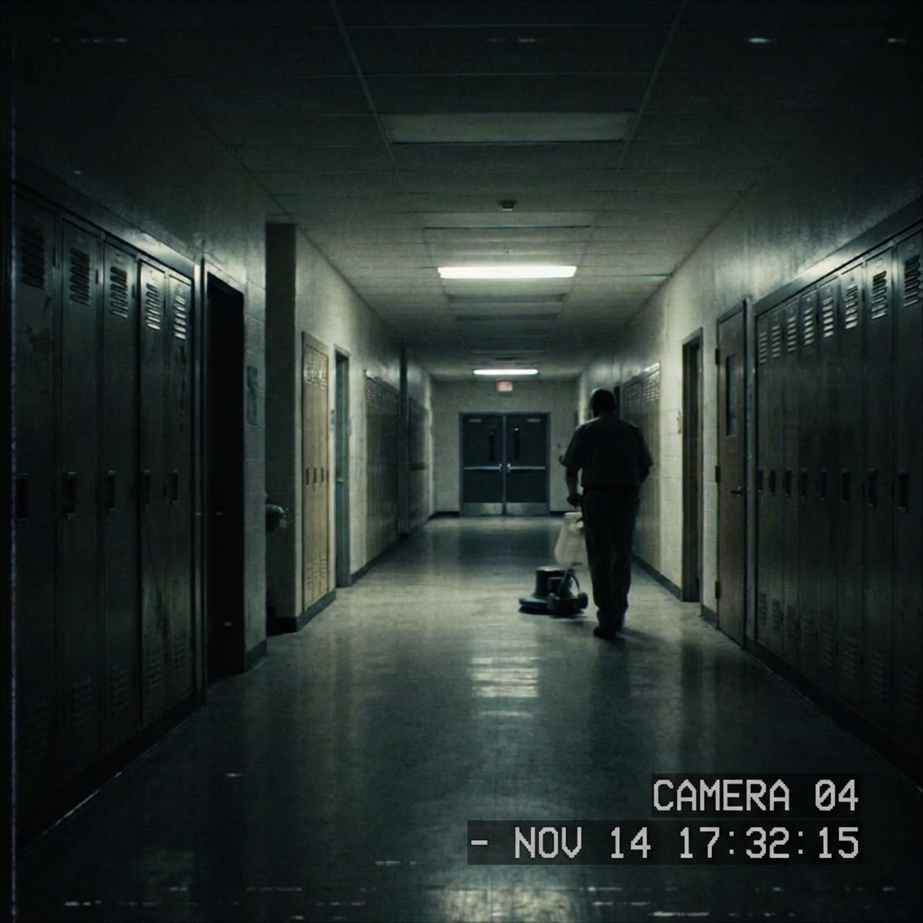 Janitor cleans dark school hallway floor. Text: CAMERA 04 - NOV 14 17:32:15.