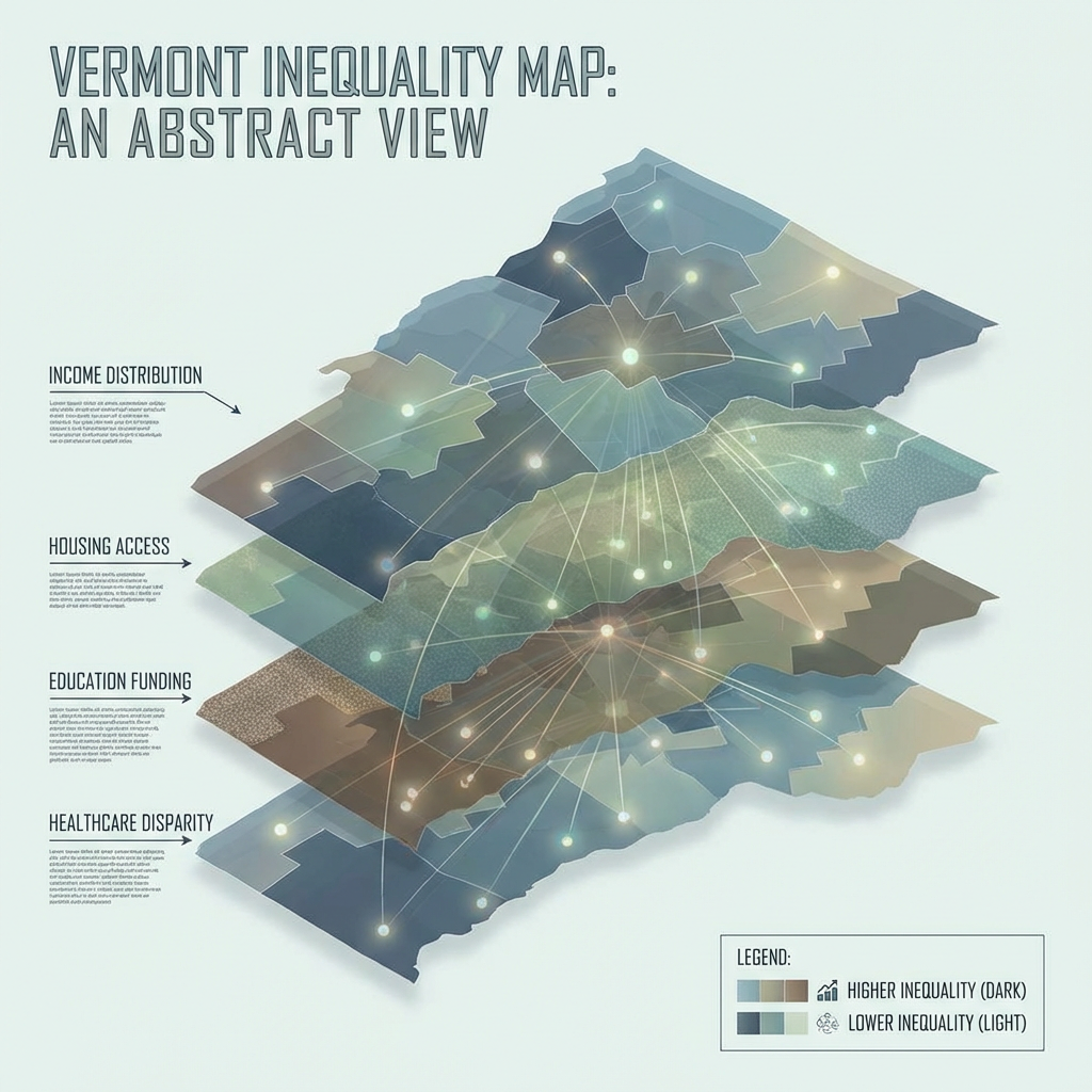 Vermont Inequality Map: An Abstract View showing layers for Income, Housing, Education, and Healthcare disparities.