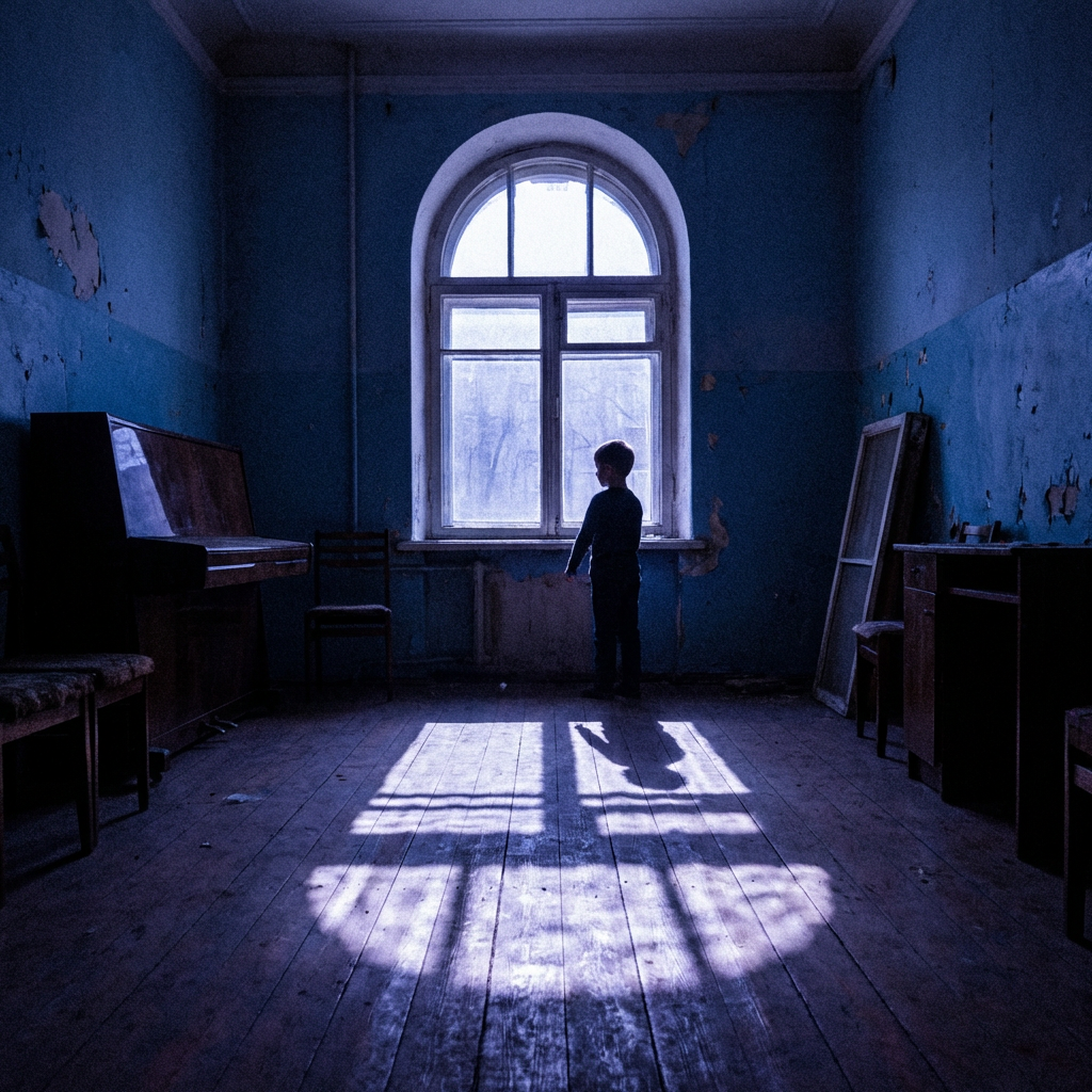 A boy stands before an arched window in a dilapidated blue room with a piano.