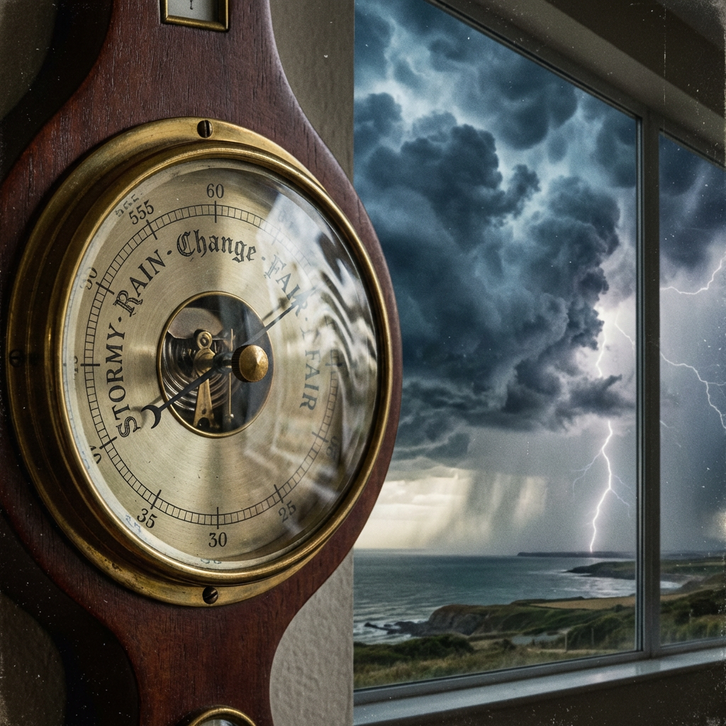 Barometer reading STORMY RAIN CHANGE FAIR VERY FAIR next to a coastal lightning storm.