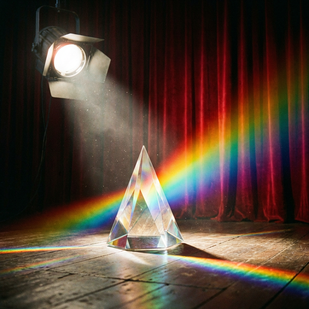 Glass prism refracting spotlight into a rainbow on a wooden stage with red curtains.