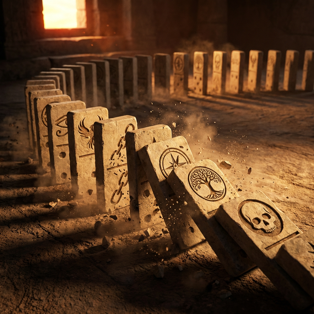 Stone slabs with mystical symbols falling in a chain reaction within an ancient chamber.