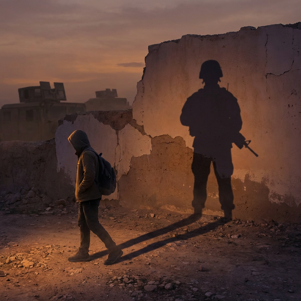 A hooded youth walking past rubble with their shadow appearing as an armed soldier.