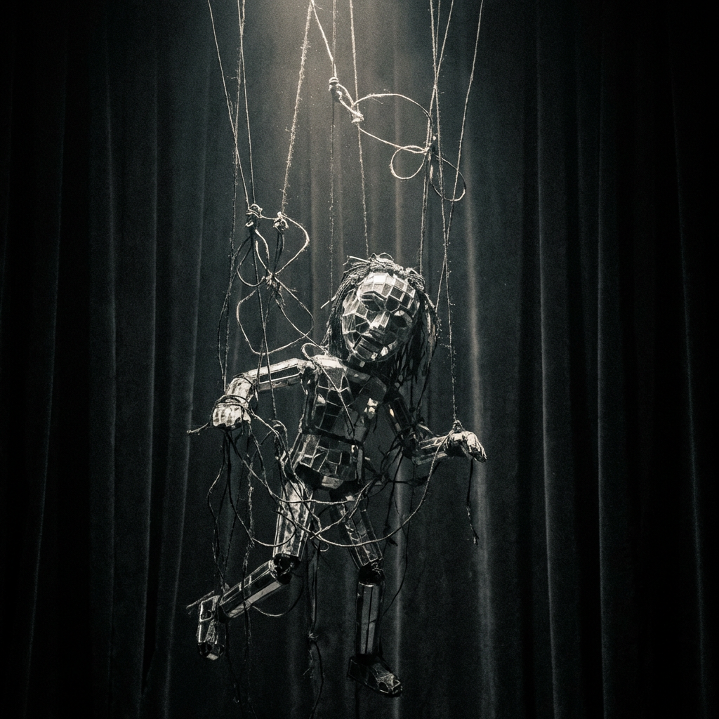 Mirrored marionette puppet hanging by strings in a spotlight against dark velvet curtains.