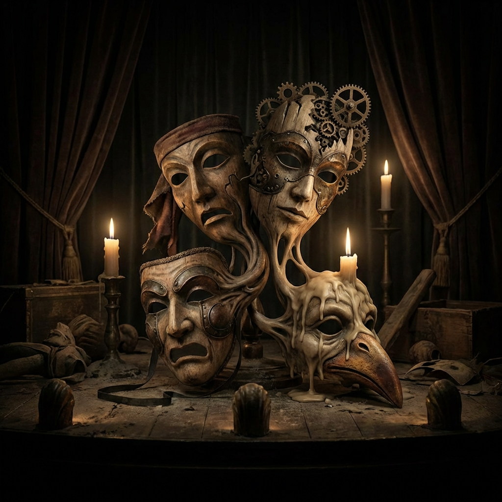A collection of intricate, melting theatrical masks on a wooden table lit by candles.