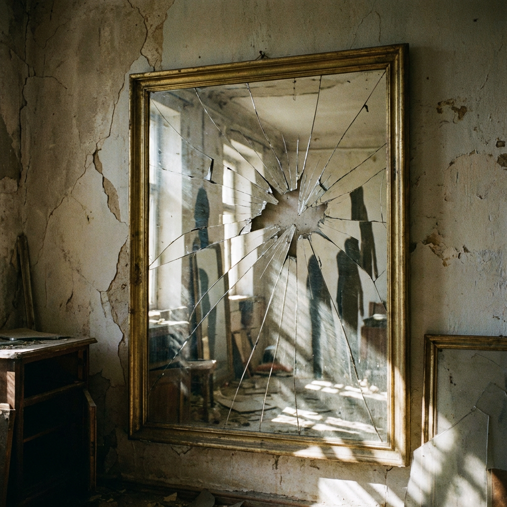 Large shattered mirror in a gold frame on a cracked, peeling wall in a derelict room.