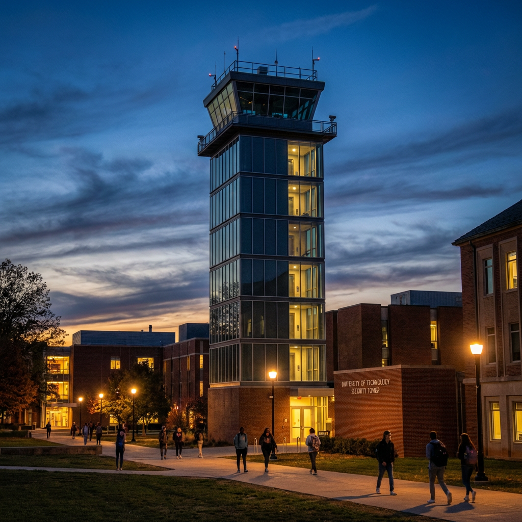 University of Technology Security Tower at dusk with students walking on campus paths.