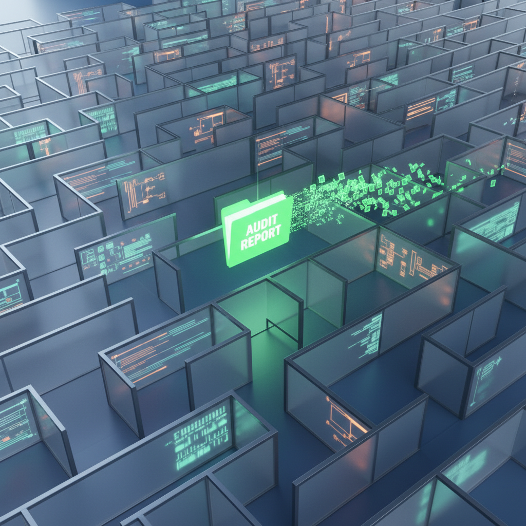 Glowing green digital folder labeled AUDIT REPORT inside a complex cubicle maze.