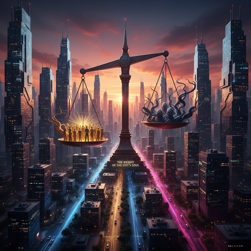 Scales balancing glowing figures and dark monsters with text, The Weight of the City's Soul.