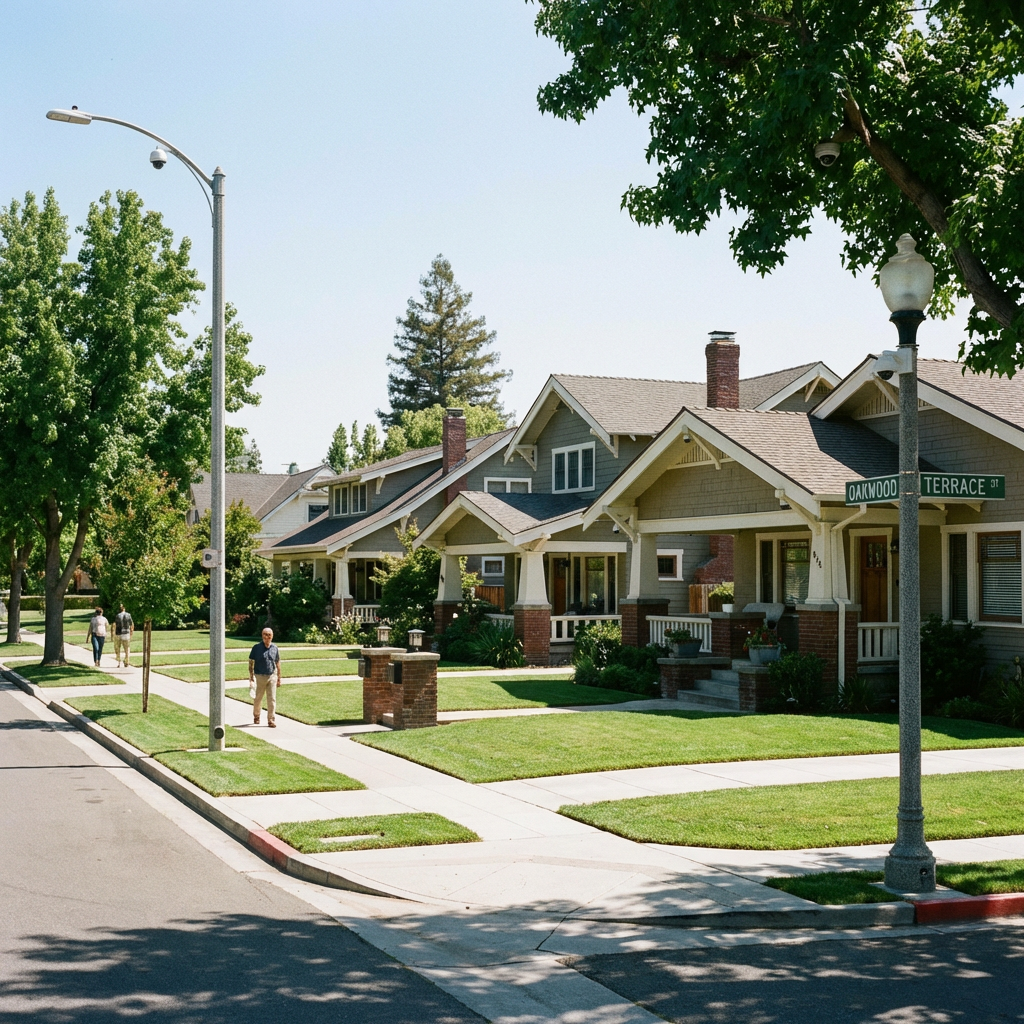 Quiet residential street with craftsman houses and people walking on the sidewalk.