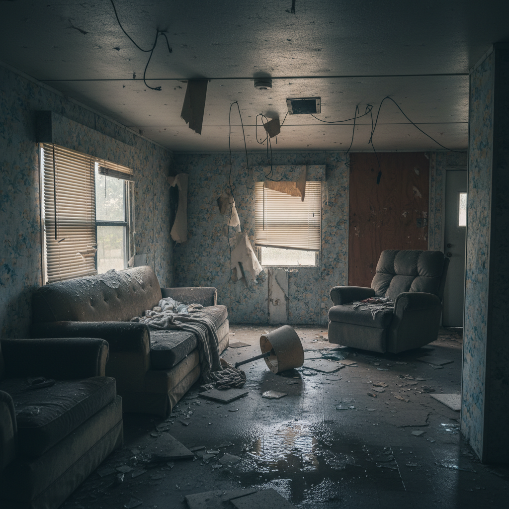 An abandoned living room with peeling wallpaper, broken furniture, and debris on the floor.