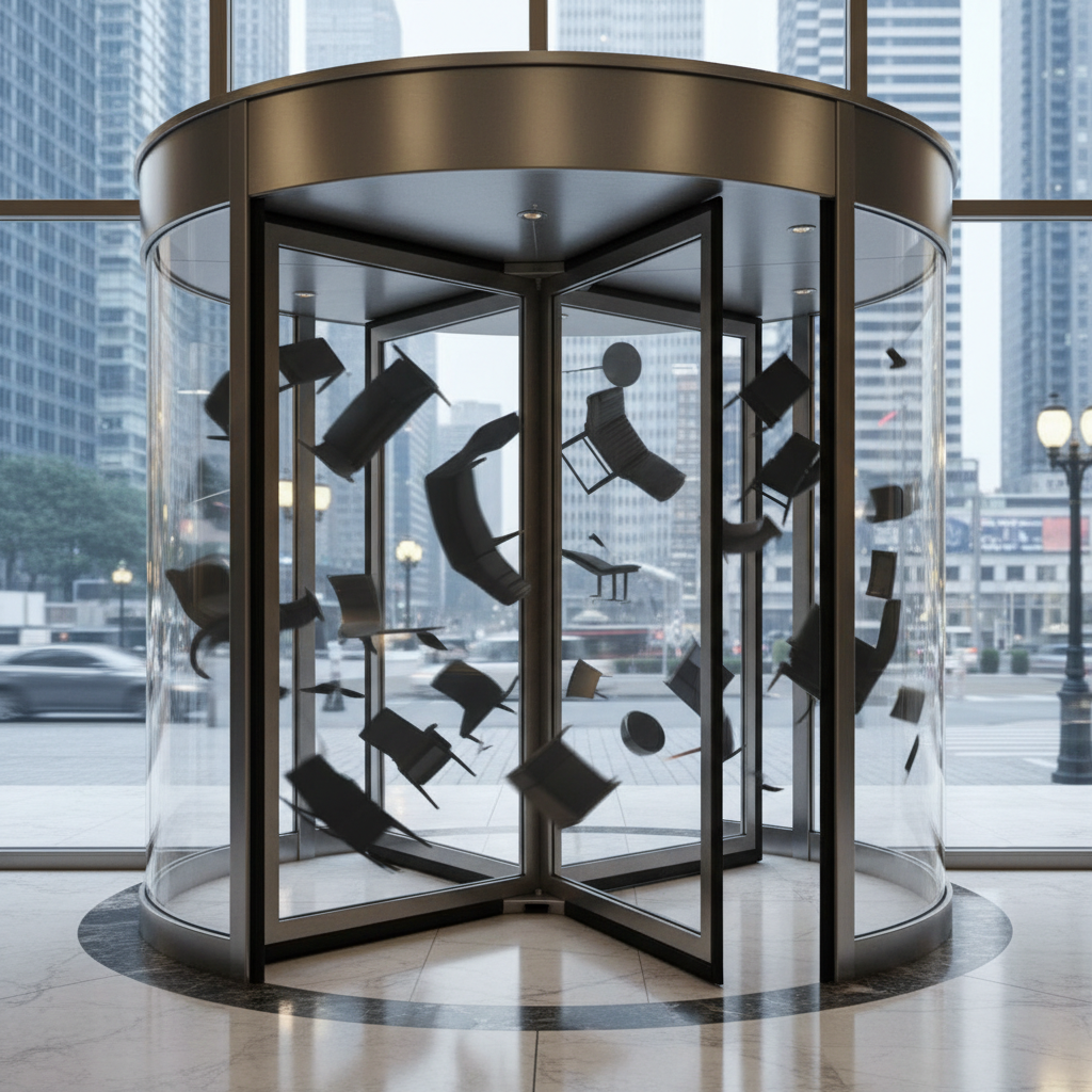 Miniature office chairs floating inside a glass revolving door in a corporate lobby.