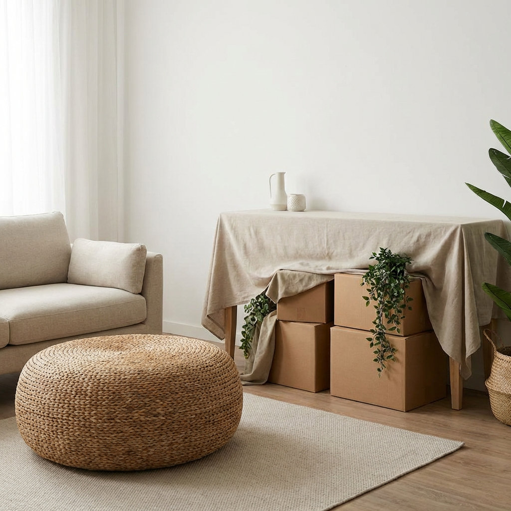 Moving boxes stacked under a linen-covered console table in a minimalist living room.