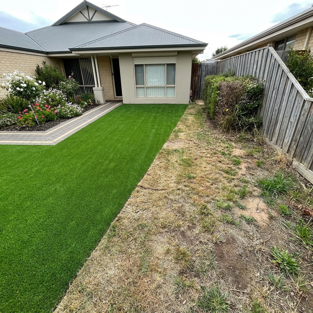 Comparison of vibrant green artificial turf next to patchy, brown natural grass in a yard.