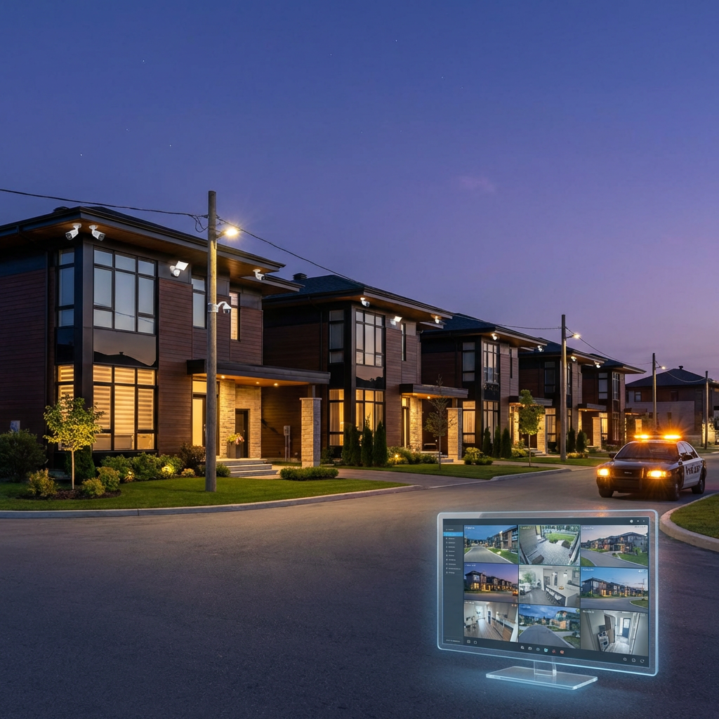 Modern residential street at dusk featuring integrated security cameras and a police response vehicle.