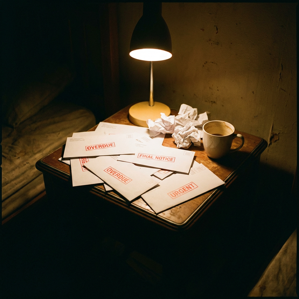Overdue, final notice, and urgent envelopes on a table illuminated by a small lamp.