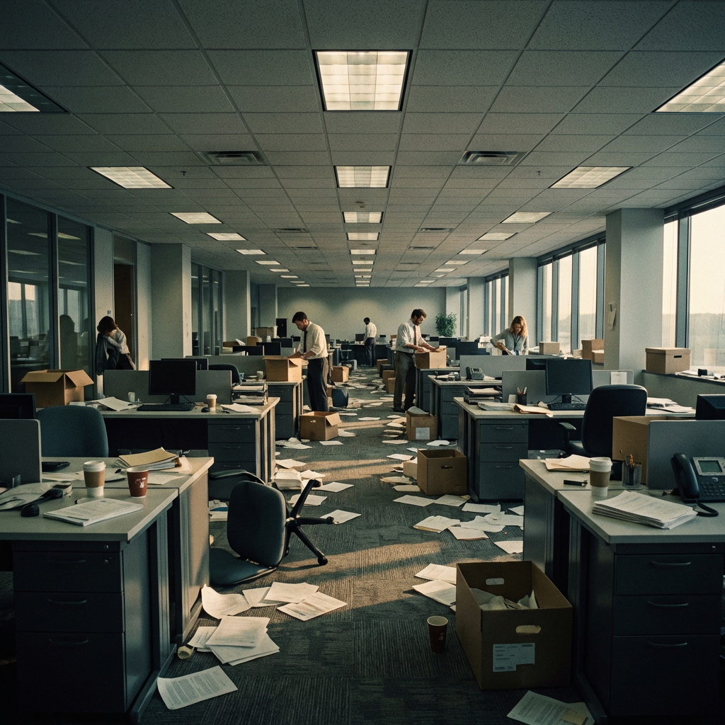 Employees standing in a cluttered office with papers scattered across the floor and desks.