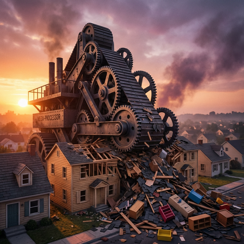 A massive steampunk machine labeled "MEGA-PROCESSOR" crushing small suburban houses during a sunset.