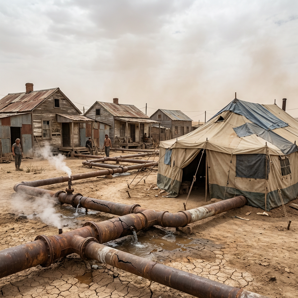 Rusted, leaking industrial pipes running through a dry, dusty village with wooden houses and tents.