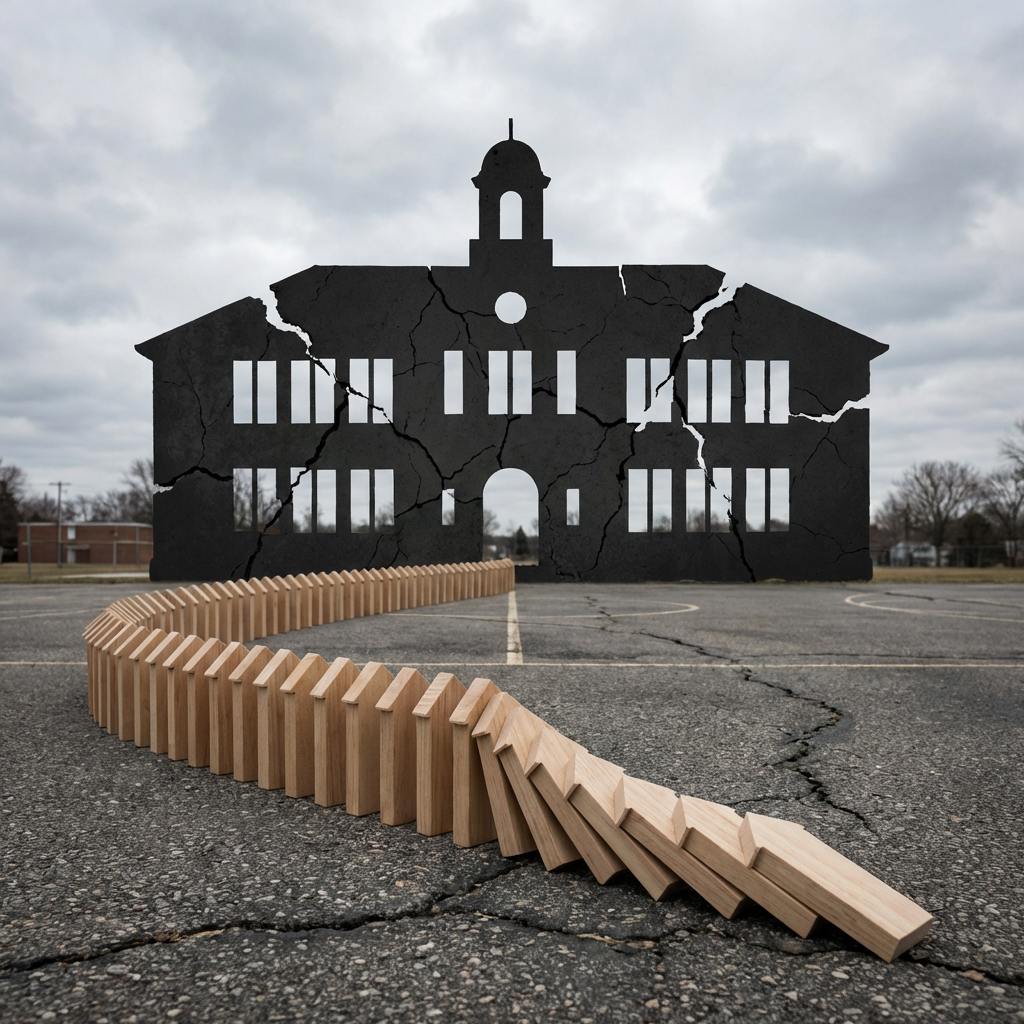 Falling house-shaped dominoes lead toward a large, cracked silhouette of a school building.