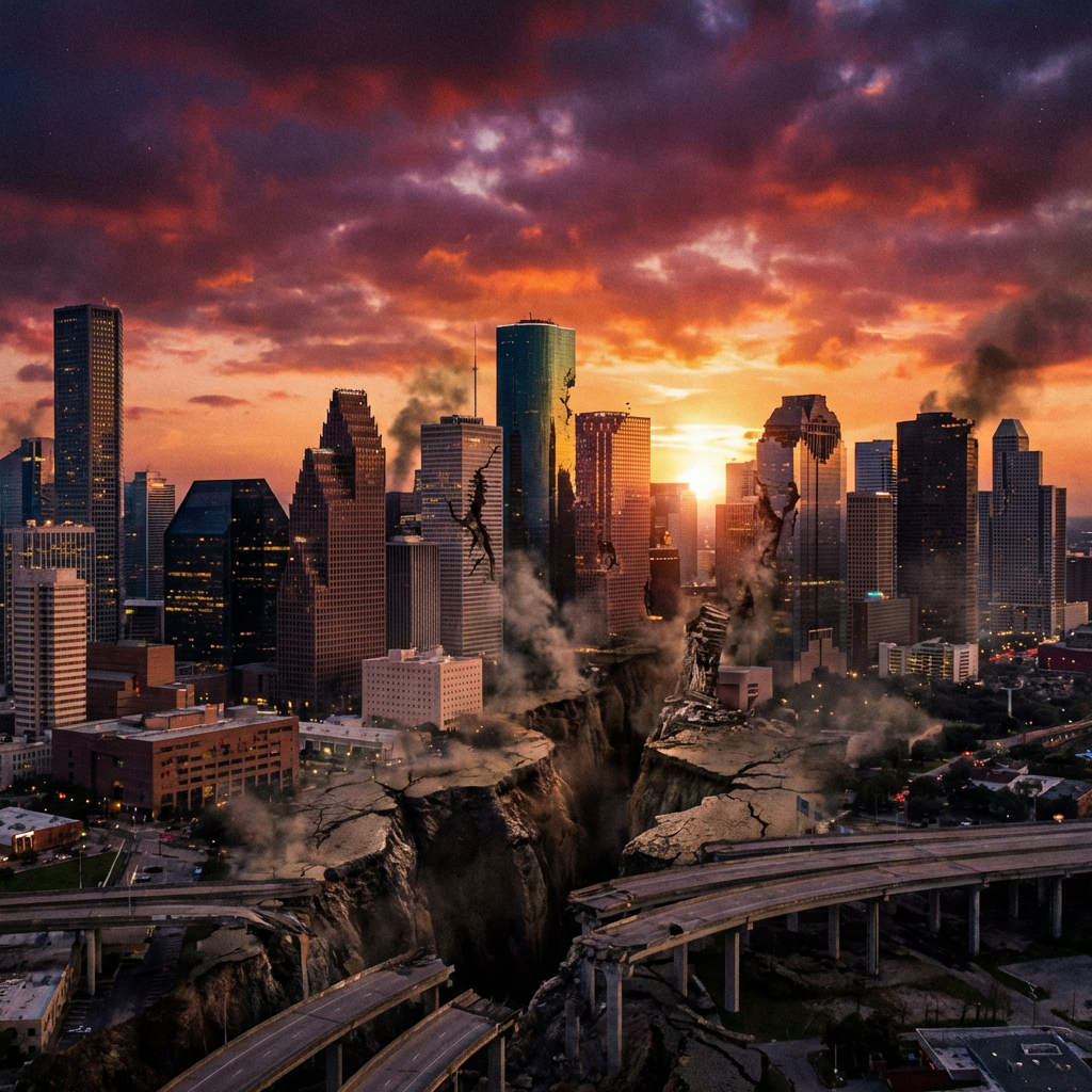 A massive fissure splits a city skyline and highways under a dramatic, fiery sunset.
