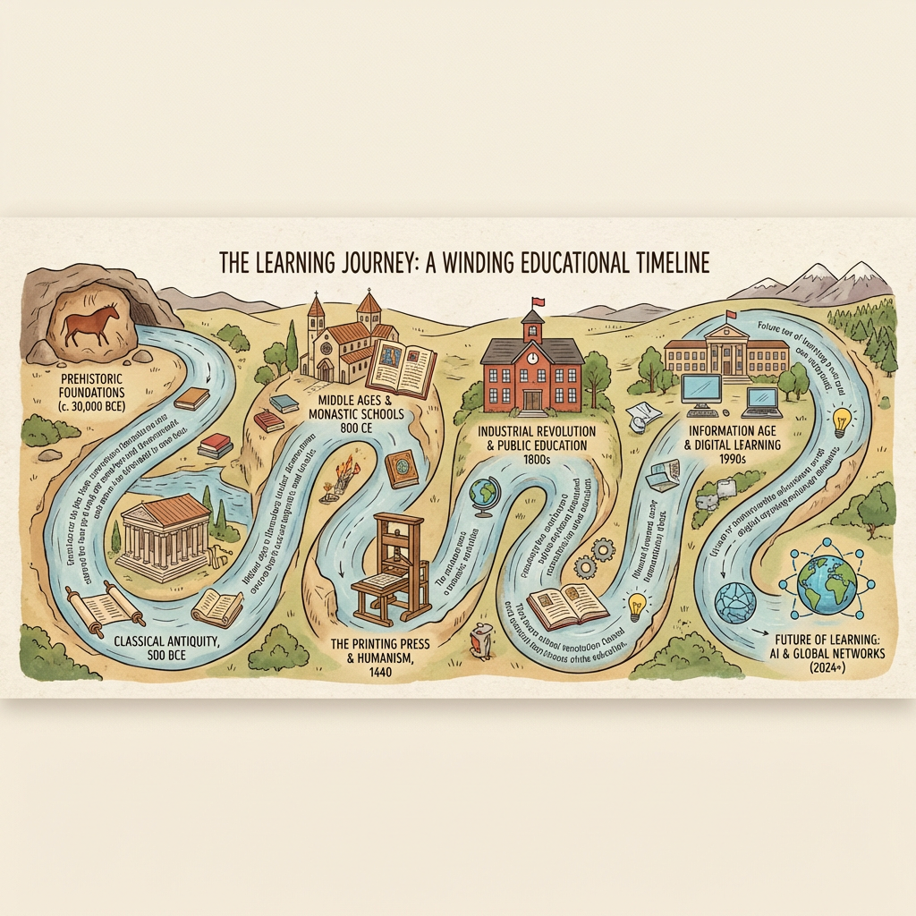The Learning Journey: A Winding Educational Timeline covering stages from Prehistoric Foundations to AI and Global Networks.